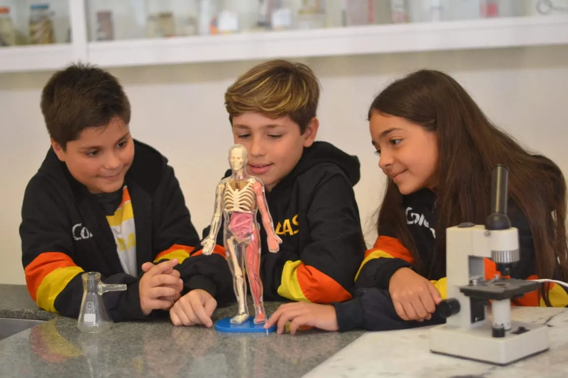 Alunos do Fundamental II em aula de Ciências com microscópio